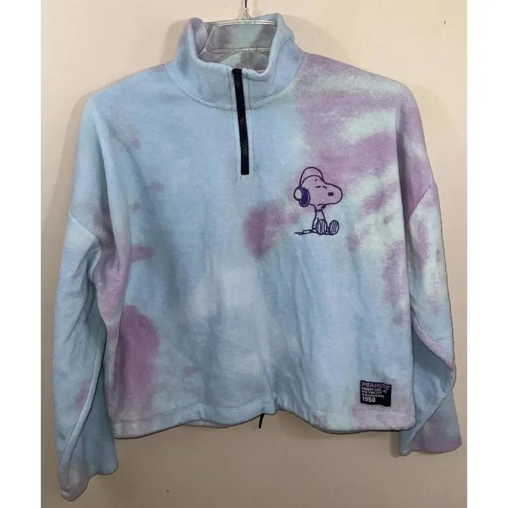 Peanuts Snoopy Cool Joe NYC Crop Tie Dye Fleece Pullover Sz XL Drawstring Waist - Picture 1 of 9